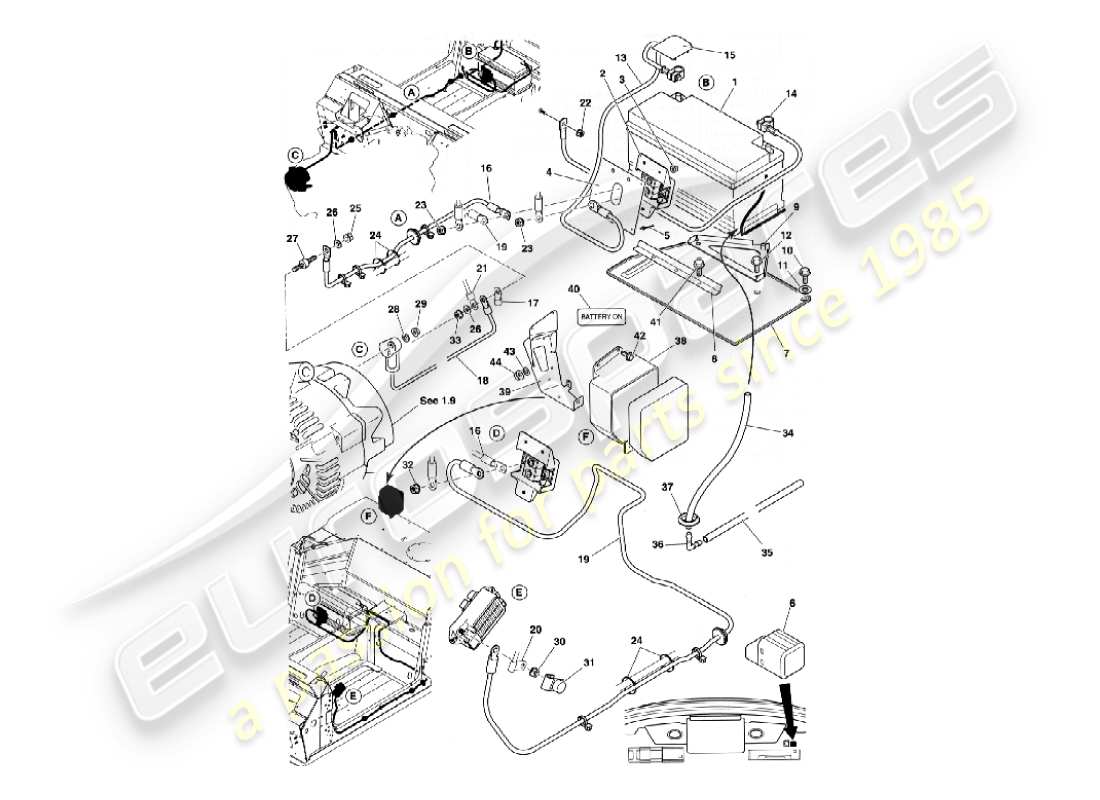 aston martin vanquish (2003) batería y cables diagrama de piezas