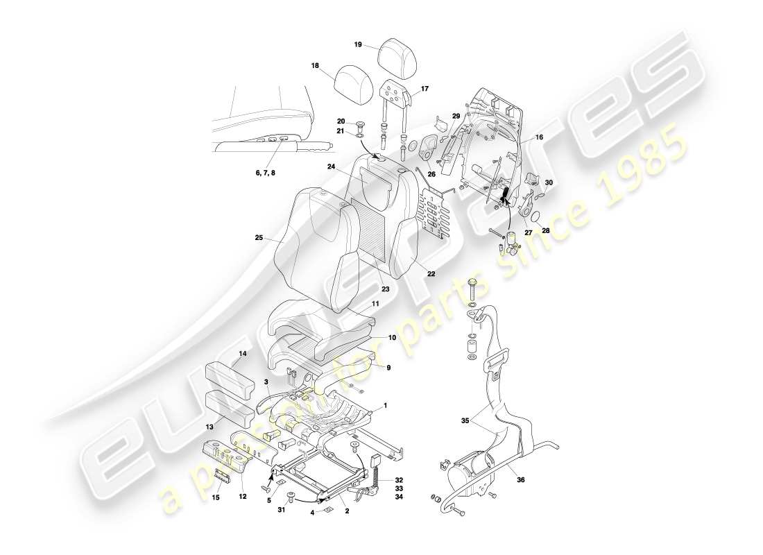 aston martin db7 vantage (2001) diagrama de piezas de asientos delanteros y cinturones
