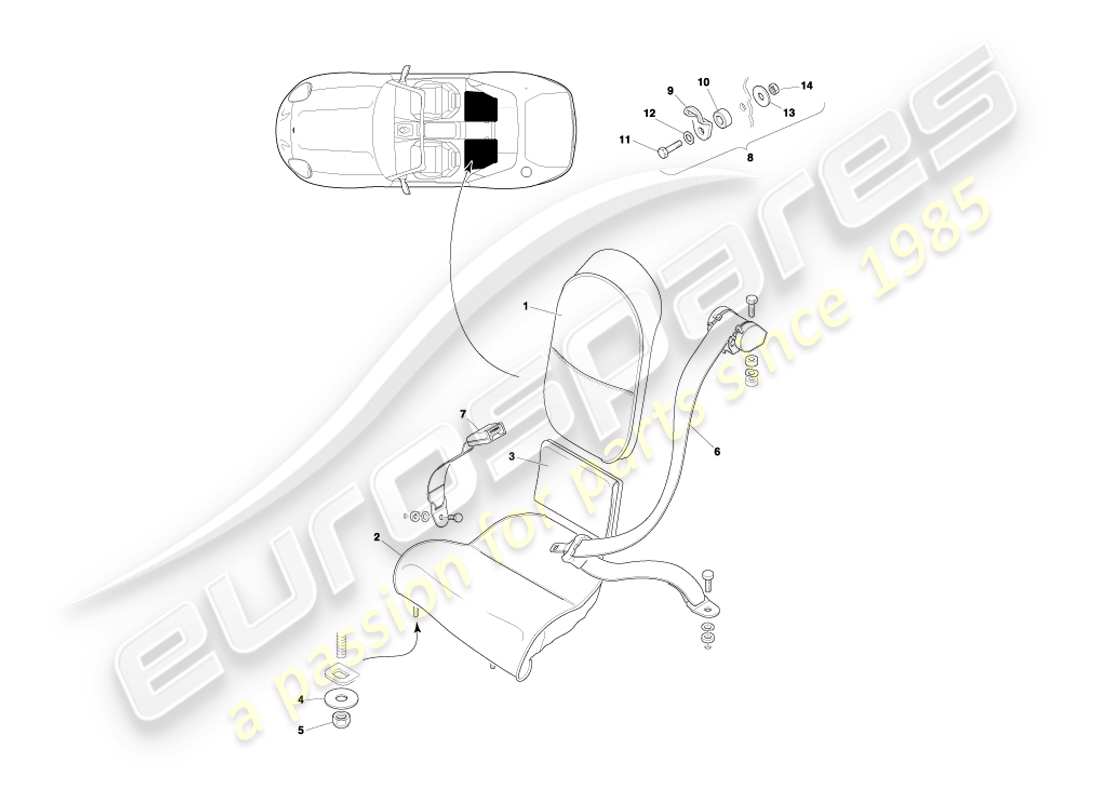 aston martin db7 vantage (2001) diagrama de piezas de asientos y cinturones traseros