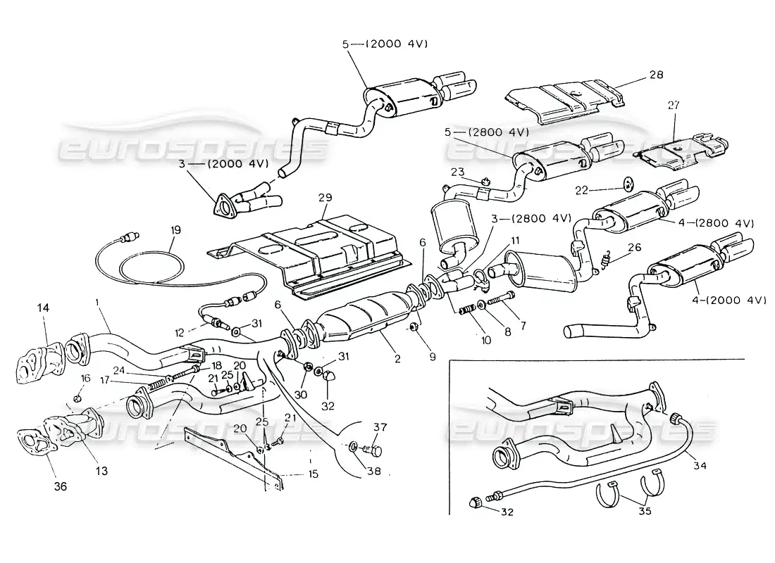 maserati 222 / 222e biturbo sistema de escape con catalizador (4v) diagrama de piezas