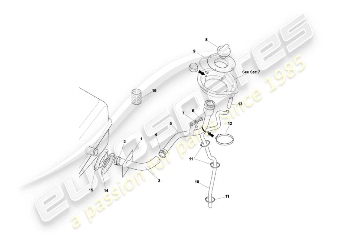 aston martin vanquish (2005) diagrama de piezas del tubo de llenado de combustible