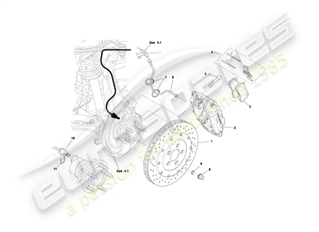 aston martin vanquish (2005) frenos delanteros diagrama de piezas