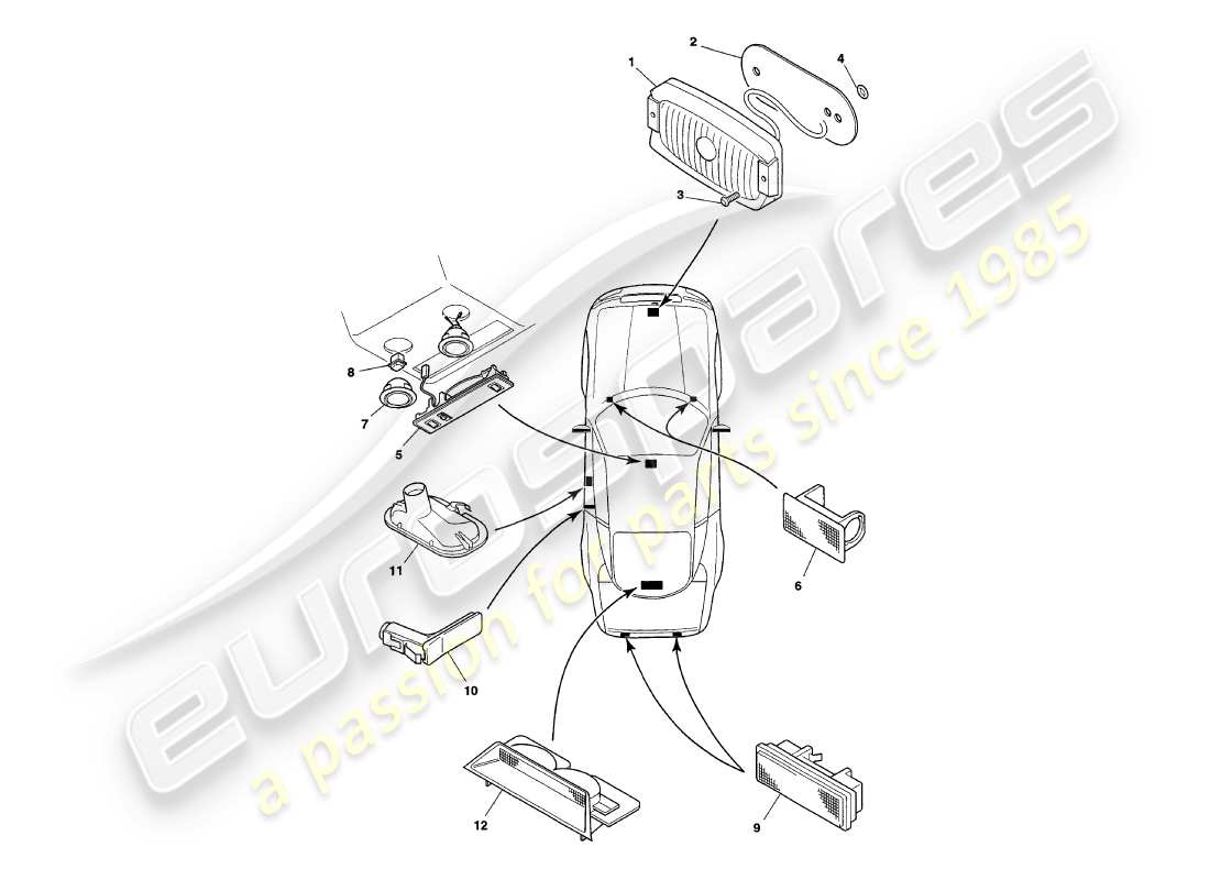 aston martin v8 coupe (2000) diagrama de piezas de las lámparas interiores