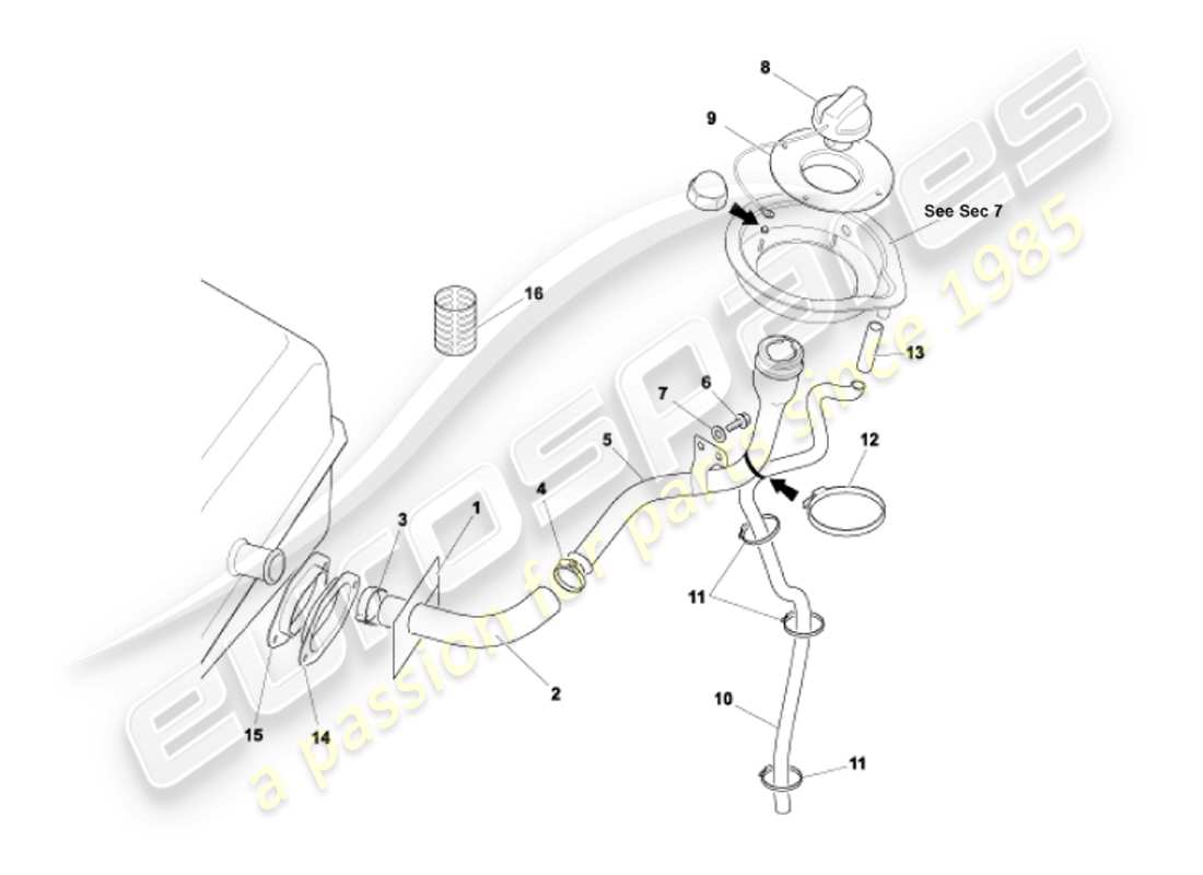 aston martin vanquish (2002) tubo de llenado de combustible diagrama de piezas