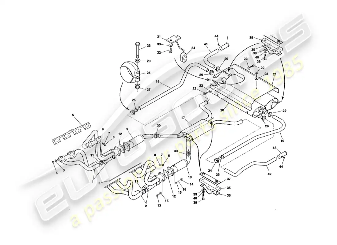 aston martin v8 volante (1998) sistema de escape diagrama de piezas