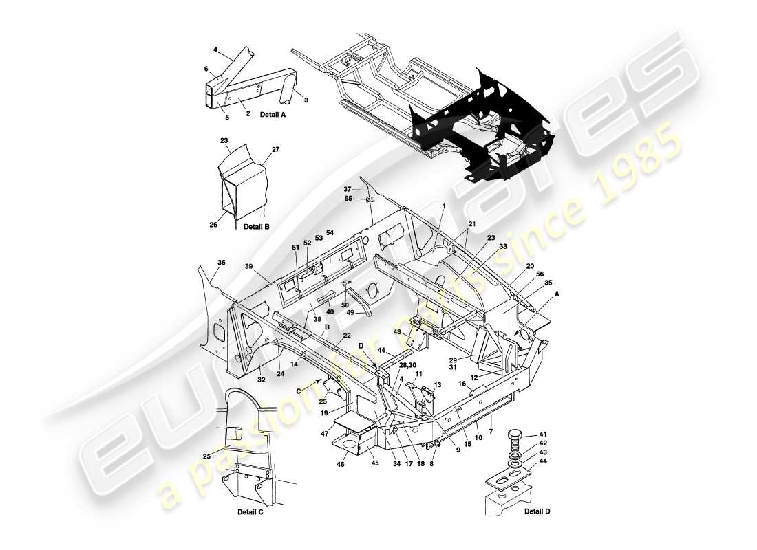 aston martin v8 volante (1998) estructura frontal diagrama de piezas