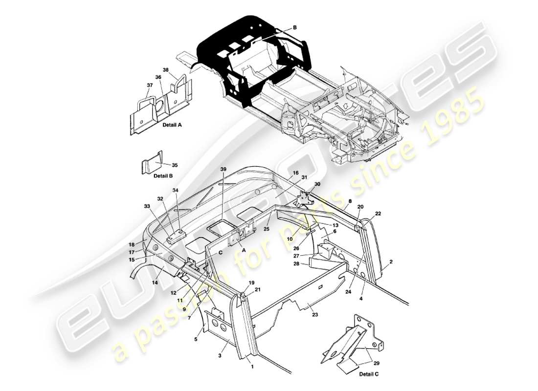 aston martin v8 volante (1998) estructura trasera diagrama de piezas
