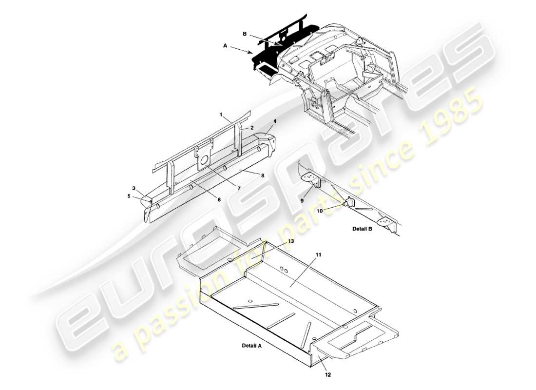 aston martin v8 volante (1998) diagrama de piezas de estructura trasera, parachoques y maletero