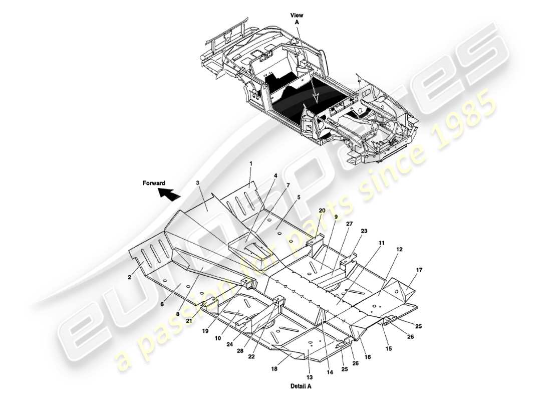 aston martin v8 volante (1998) paneles de piso diagrama de piezas
