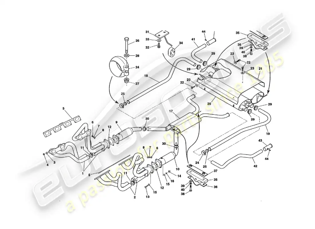 aston martin v8 volante (1997) sistema de escape diagrama de piezas