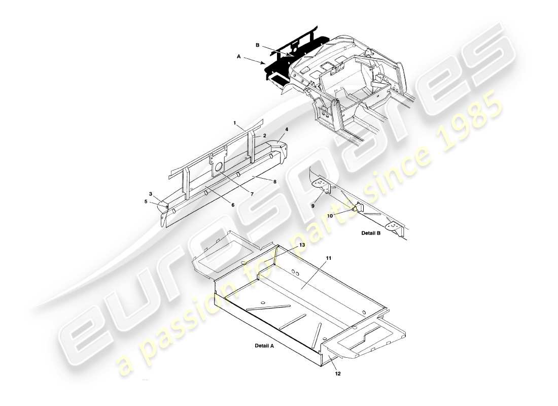 aston martin v8 volante (1997) diagrama de piezas de estructura trasera, parachoques y maletero