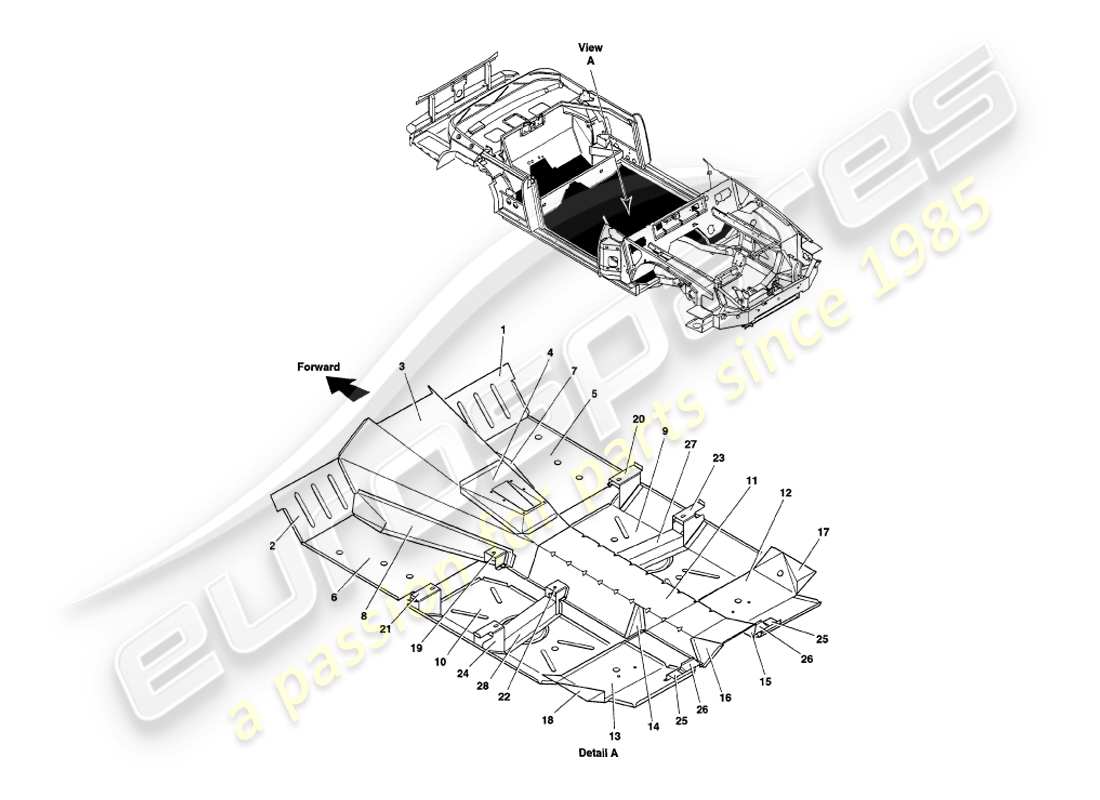 aston martin v8 volante (1997) paneles de piso diagrama de piezas