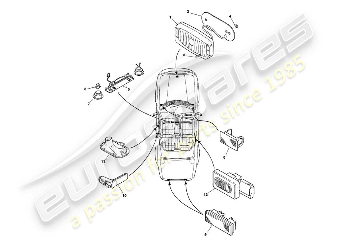 aston martin v8 volante (1998) diagrama de piezas de las lámparas interiores