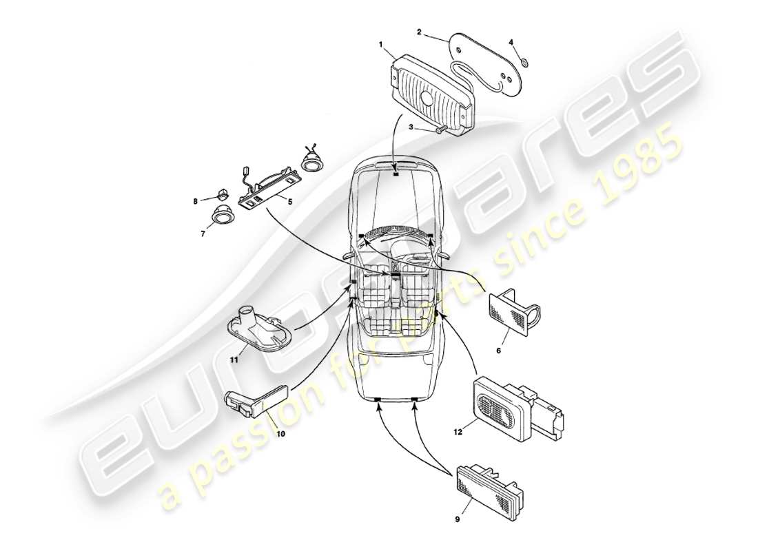aston martin v8 volante (1997) diagrama de piezas de las lámparas interiores