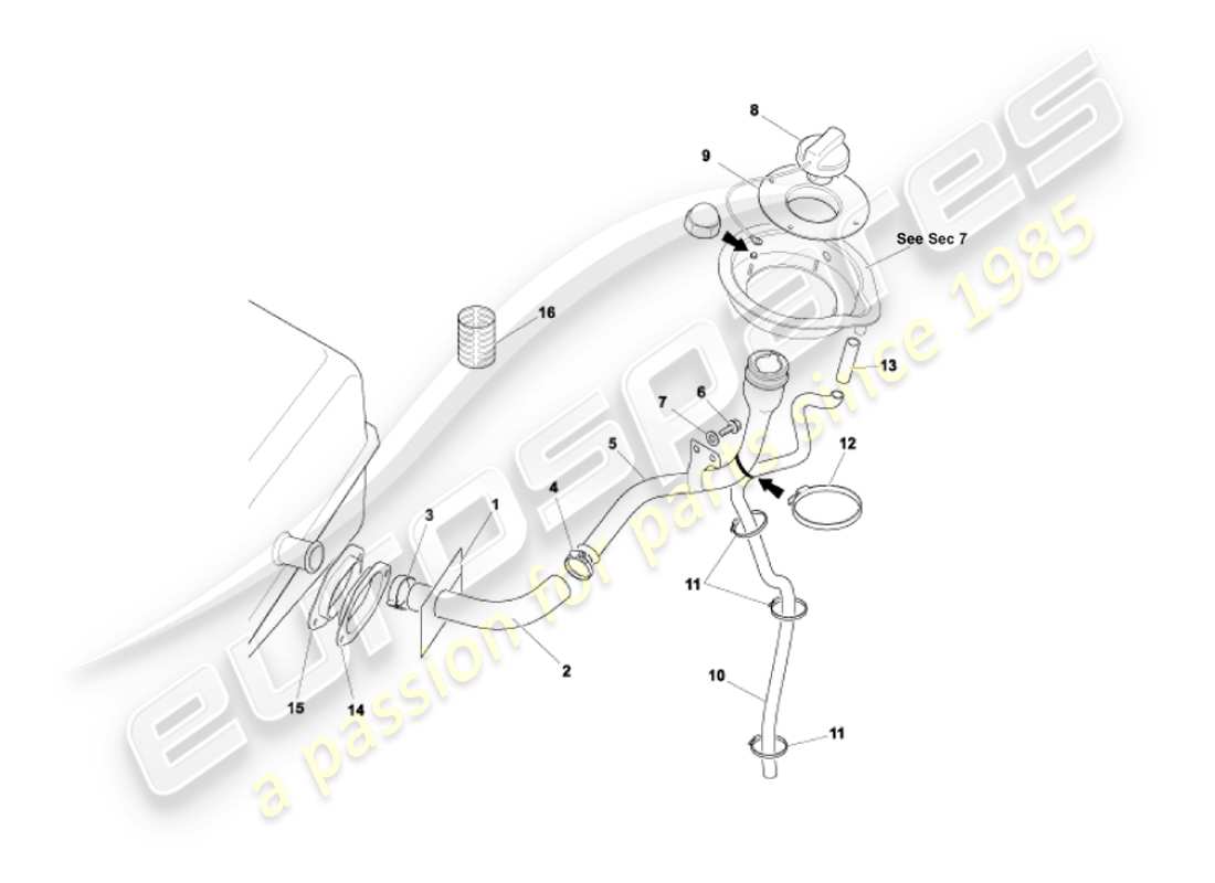 aston martin vanquish (2004) diagrama de piezas del tubo de llenado de combustible