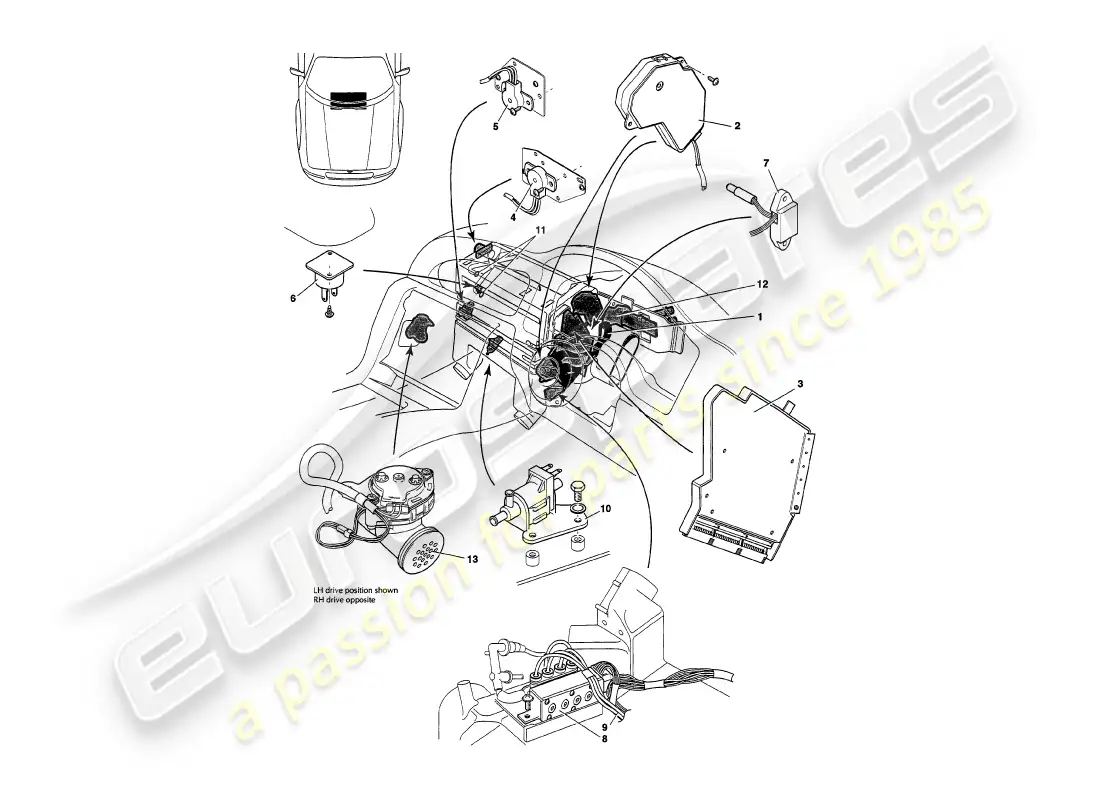 aston martin v8 volante (1999) sensores, interruptores, solenoides, motores, etc. diagrama de piezas