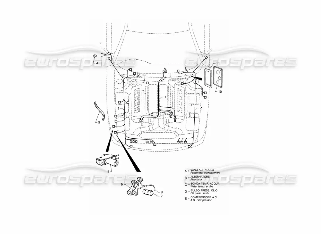 maserati qtp v8 (1998) sistema eléctrico: compartimento del motor (rhd) diagrama de piezas