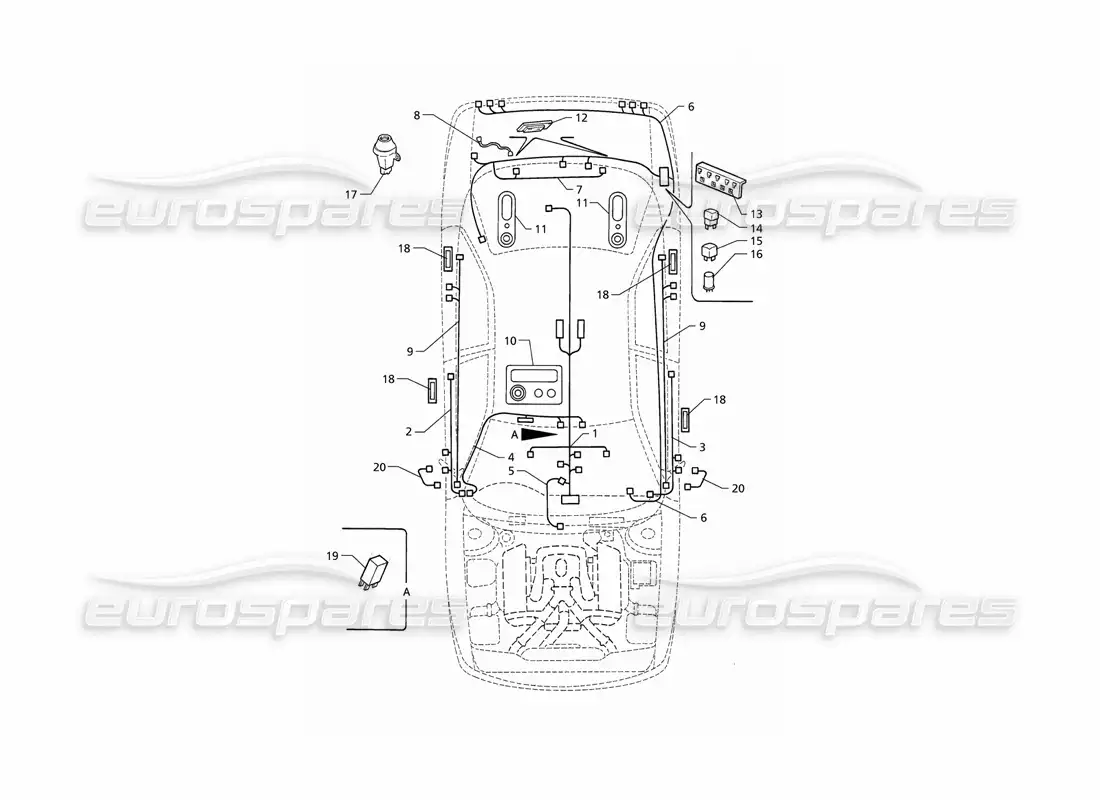 maserati qtp v6 (1996) sistema eléctrico: maletero-puertas-compartimento de pasajeros (rhd) diagrama de piezas