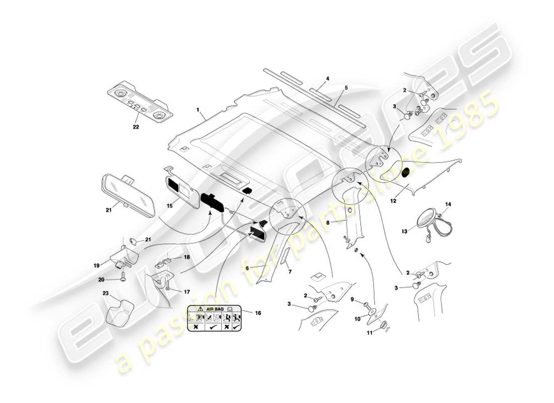 aston martin db7 vantage (1999) diagrama de piezas del revestimiento superior y del revestimiento del techo del cupé