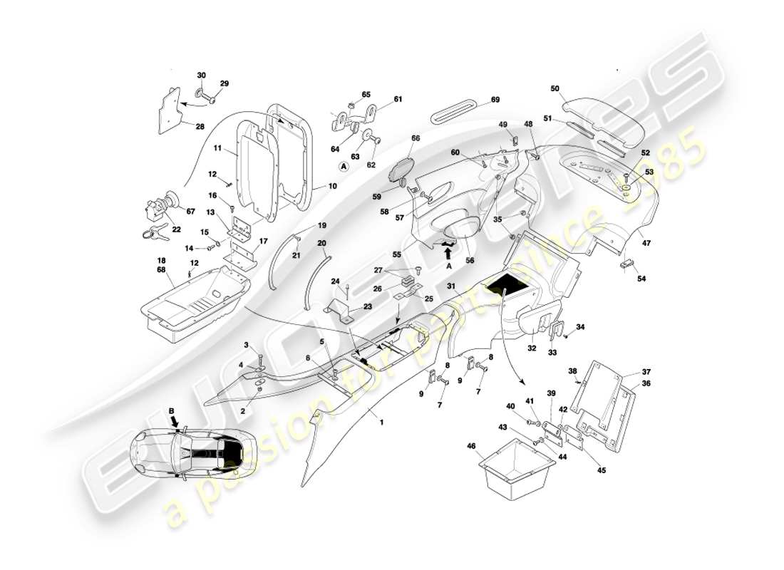 aston martin db7 vantage (1999) consola central y molduras, diagrama de piezas del cupé