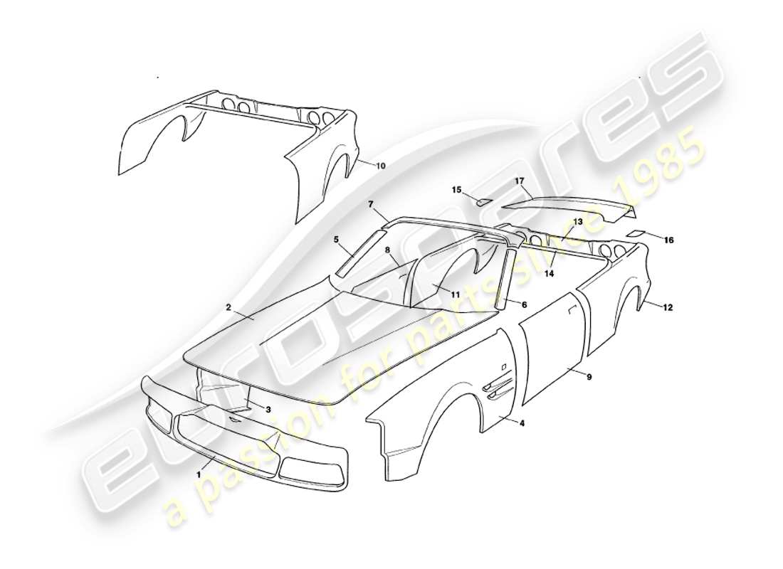 aston martin v8 volante (1998) paneles de carrocería diagrama de piezas