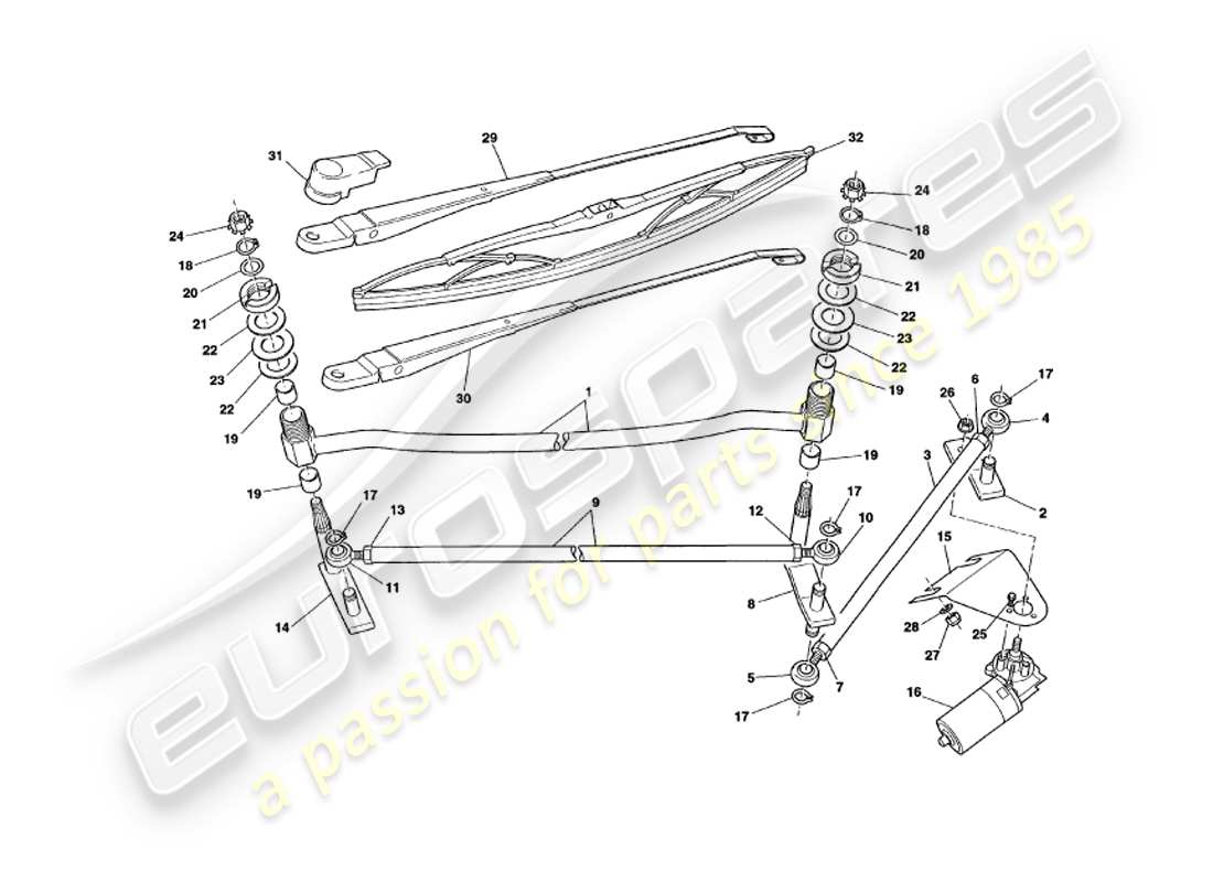 aston martin v8 volante (1998) diagrama de piezas de limpiaparabrisas