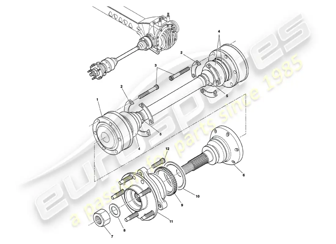 aston martin v8 volante (1998) conjunto de eje de transmisión y cubo diagrama de piezas