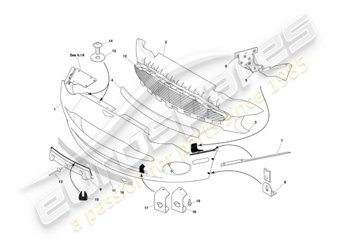 aston martin vanquish (2002) diagrama de piezas del parachoques delantero y faldón