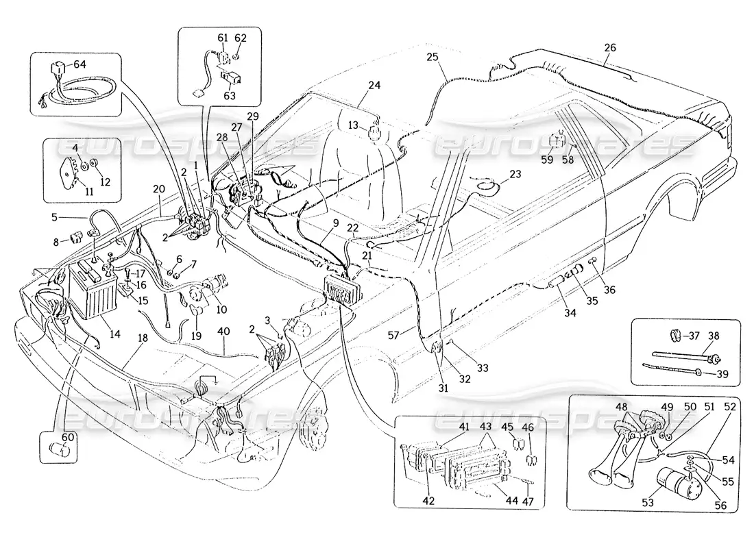 maserati karif 2.8 diagrama de piezas del mazo de cables y componentes eléctricos (vagones con dirección derecha)
