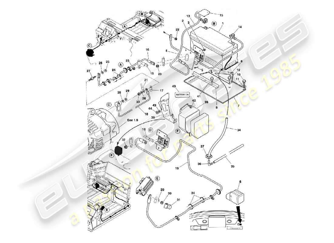 aston martin vanquish (2005) batería y cables diagrama de piezas
