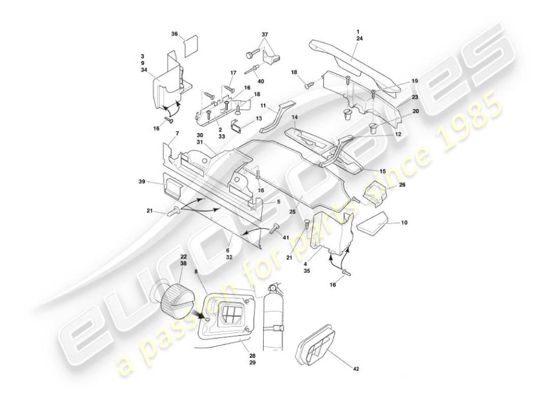 aston martin vanquish (2005) diagrama de piezas de la carcasa del maletero y las alfombrillas