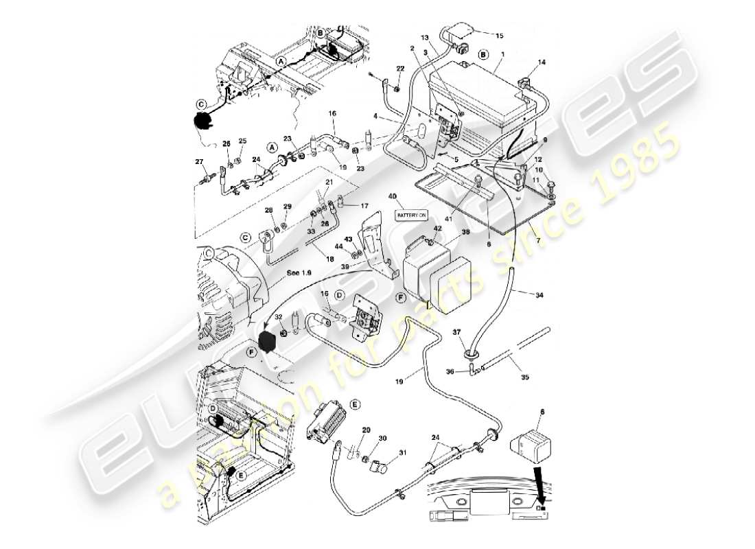aston martin vanquish (2007) batería y cables diagrama de piezas