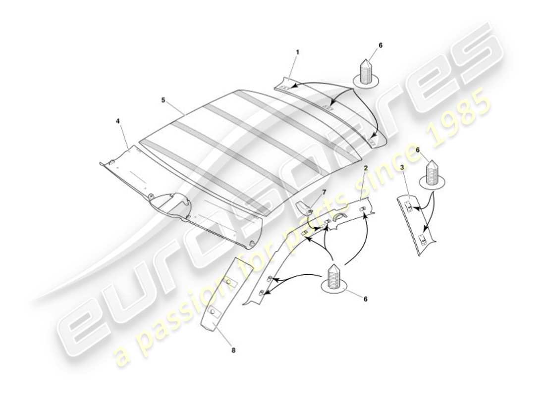aston martin vanquish (2007) moldura superior y revestimiento del techo diagrama de piezas