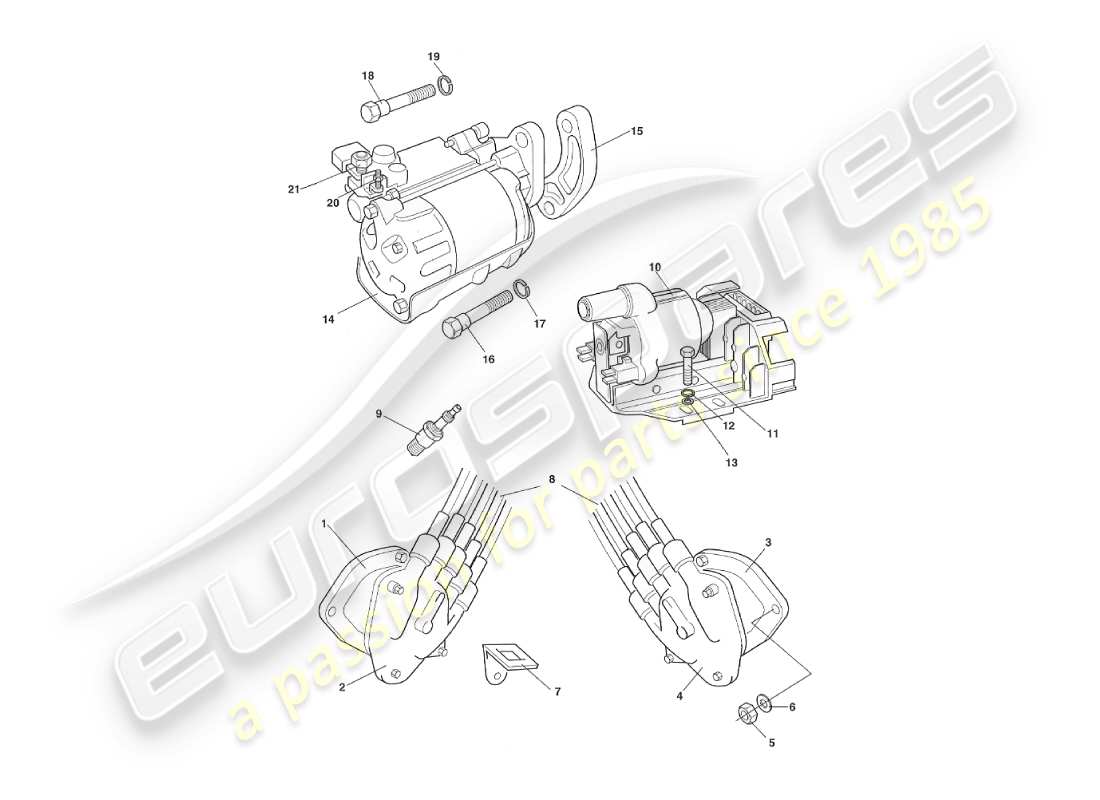 aston martin v8 virage (2000) diagrama de piezas de bobina de encendido, distribuidor y motor de arranque