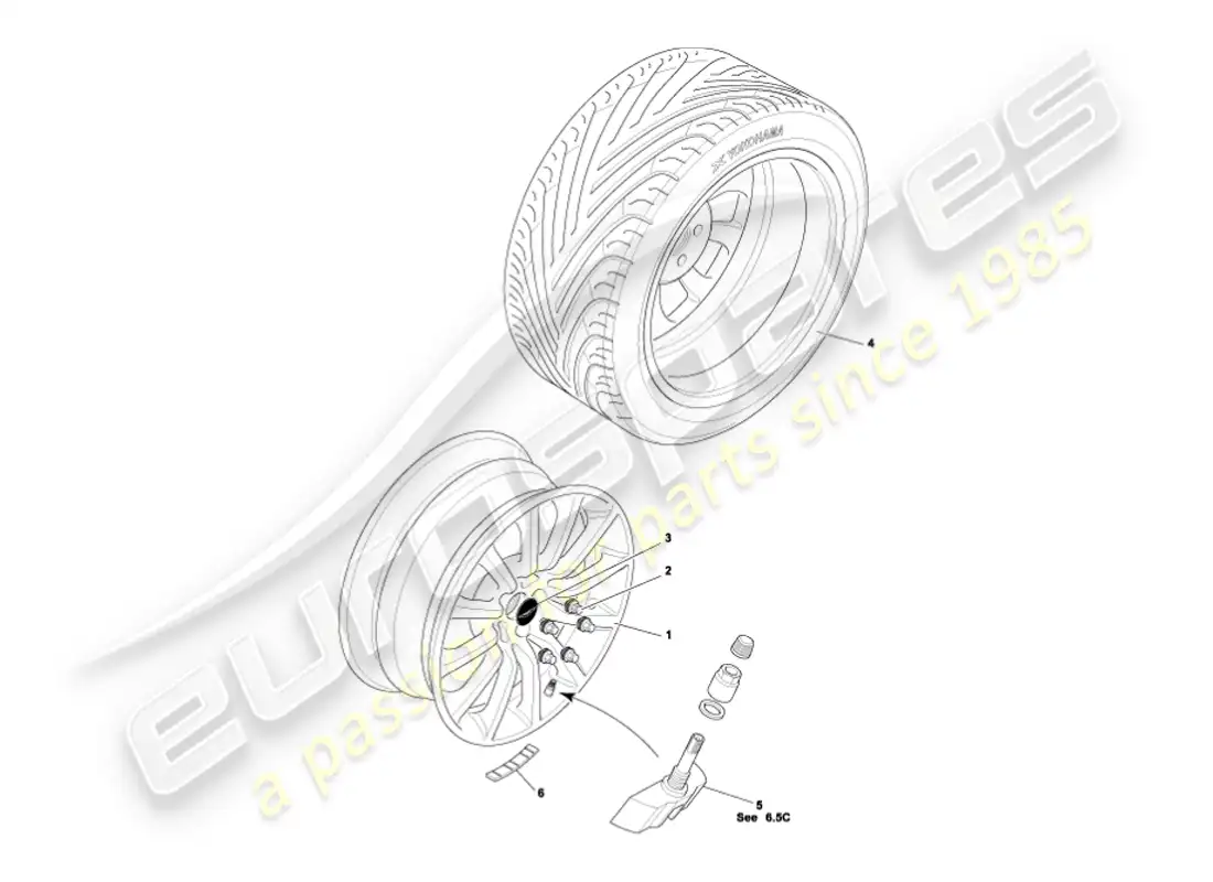 aston martin vanquish (2007) diagrama de piezas de ruedas y neumáticos