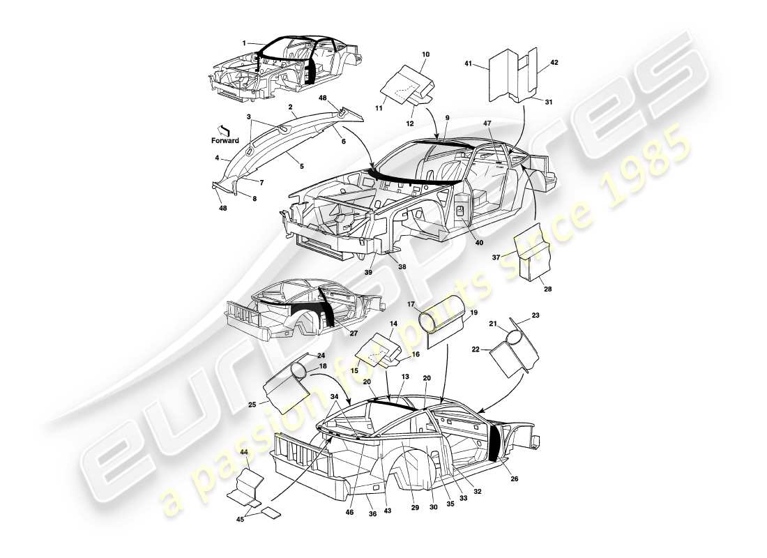 aston martin v8 coupe (1999) superestructura del chasis diagrama de piezas