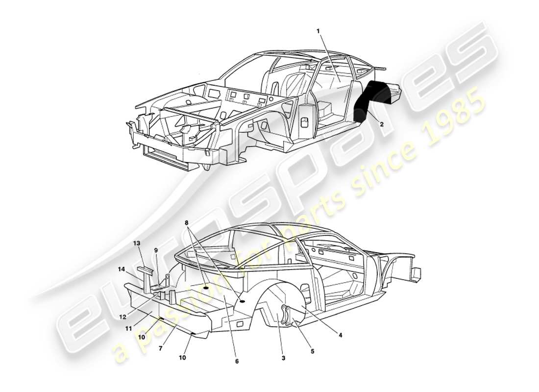 aston martin v8 coupe (1999) paneles de chasis diagrama de piezas