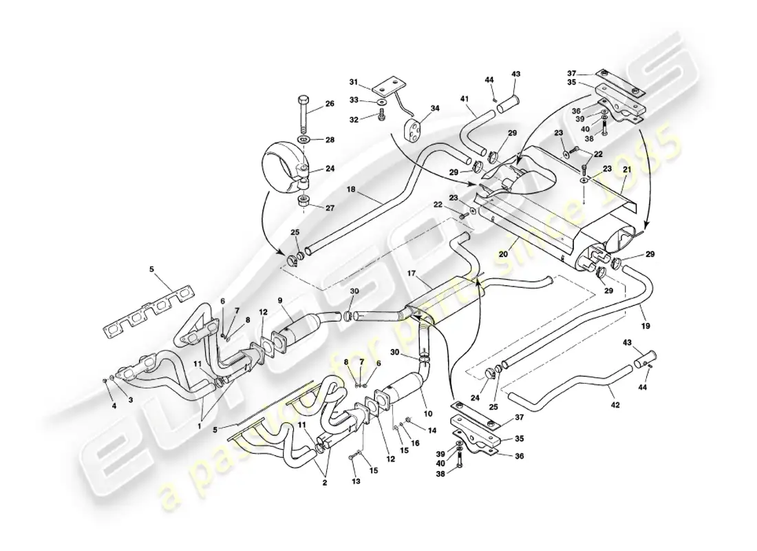 aston martin v8 coupe (1999) sistema de escape diagrama de piezas