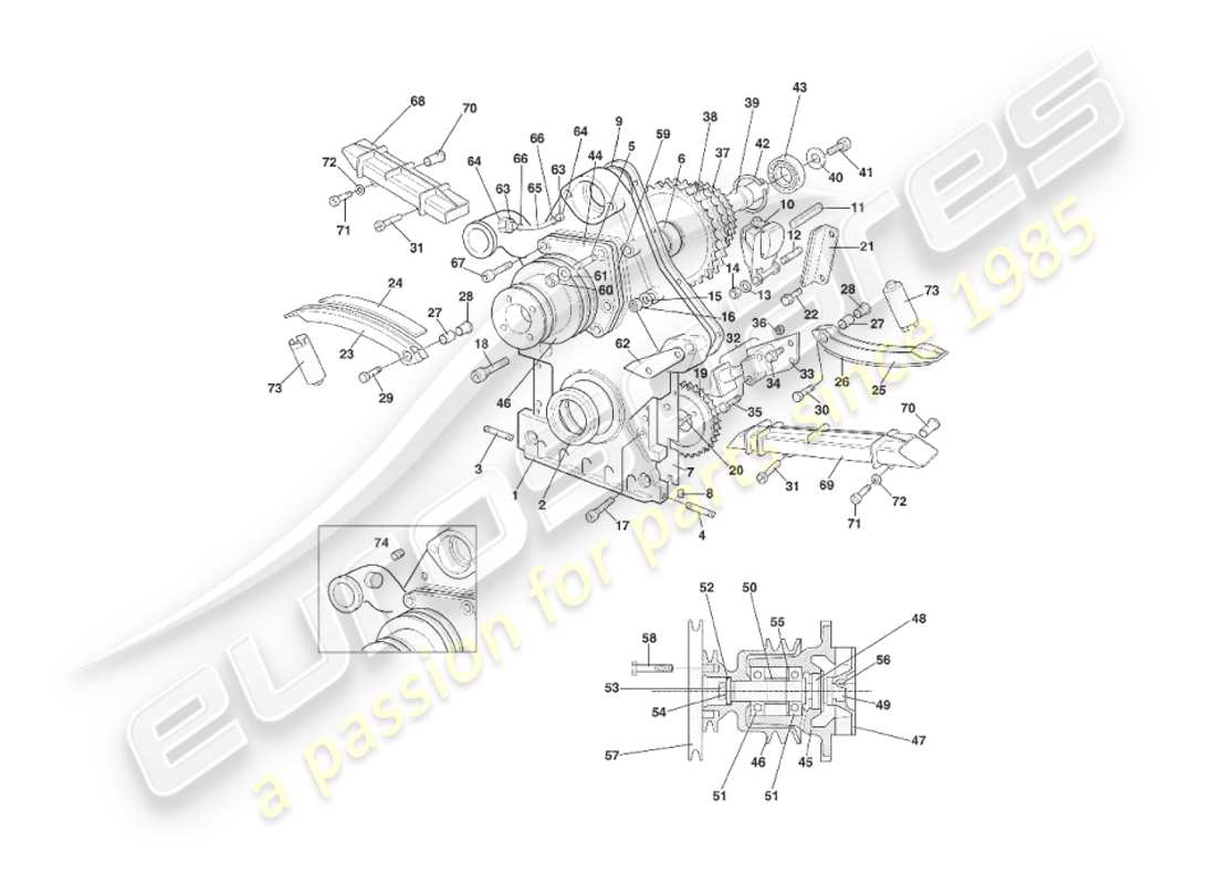 aston martin v8 virage (2000) diagrama de piezas de caja de distribución, bomba de agua y ruedas dentadas