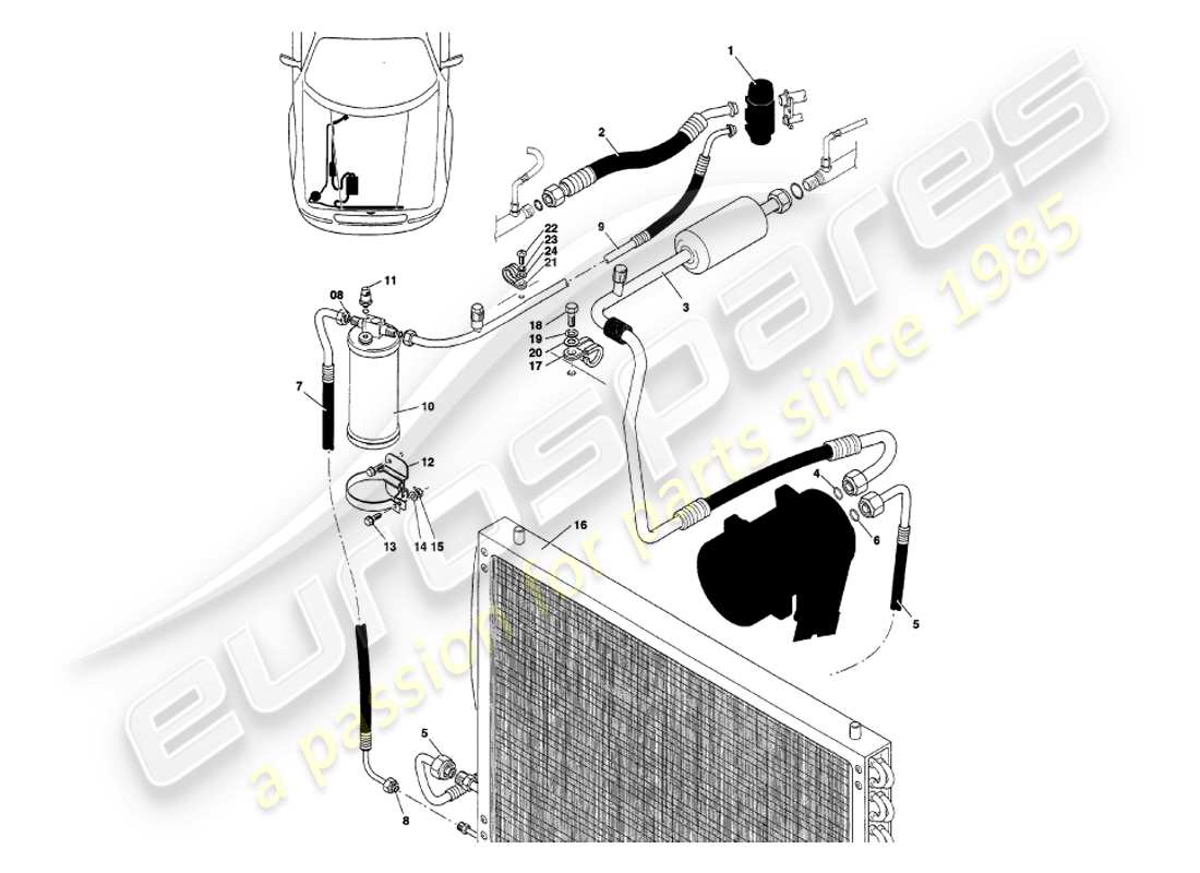 aston martin v8 volante (2000) diagrama de piezas de instalación del compartimento del motor
