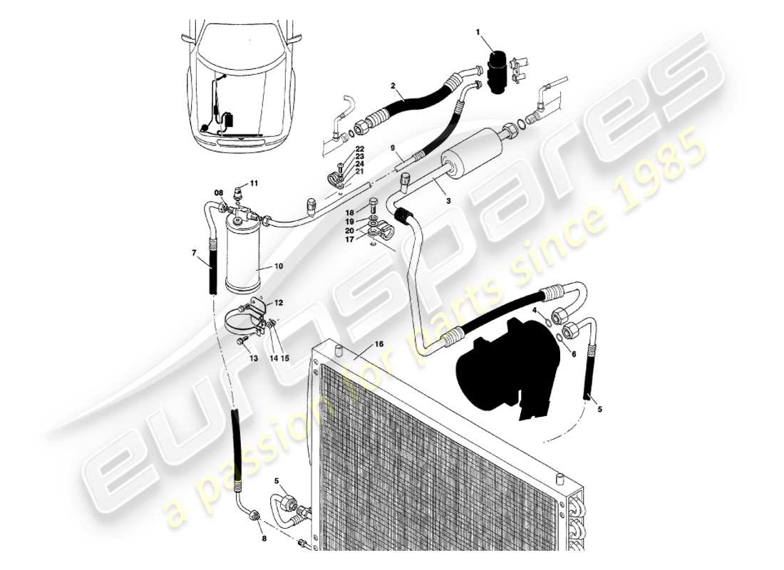 aston martin v8 volante (1999) diagrama de piezas de instalación del compartimento del motor