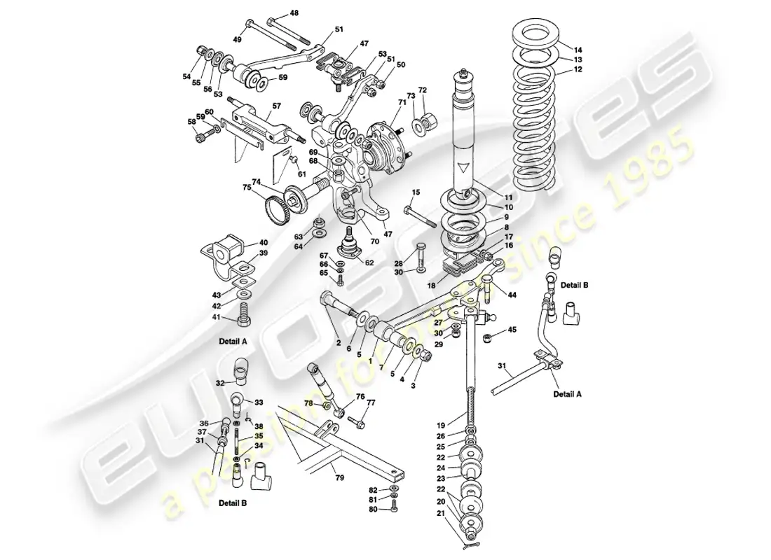 aston martin v8 volante (1999) suspensión delantera diagrama de piezas