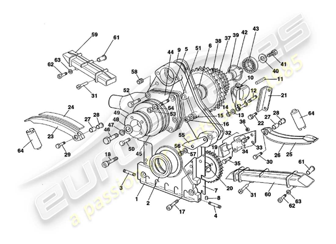 aston martin v8 volante (1999) diagrama de piezas de caja de distribución, bomba de agua y ruedas dentadas