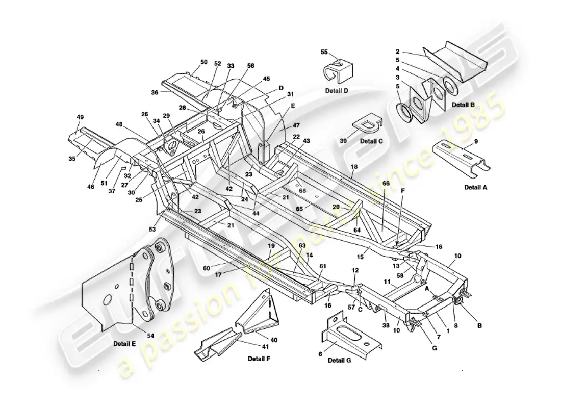 aston martin v8 volante (1999) marco del chasis diagrama de piezas