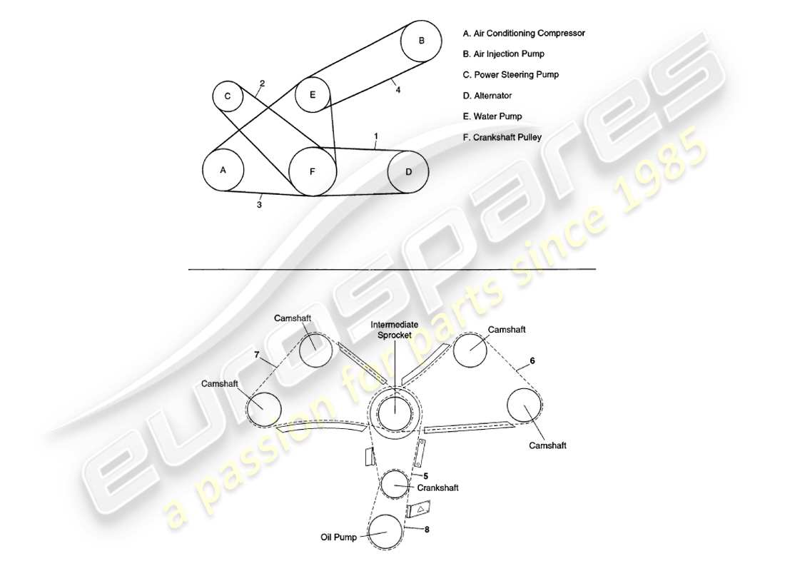 aston martin v8 volante (1999) diagrama de piezas de correas y cadenas