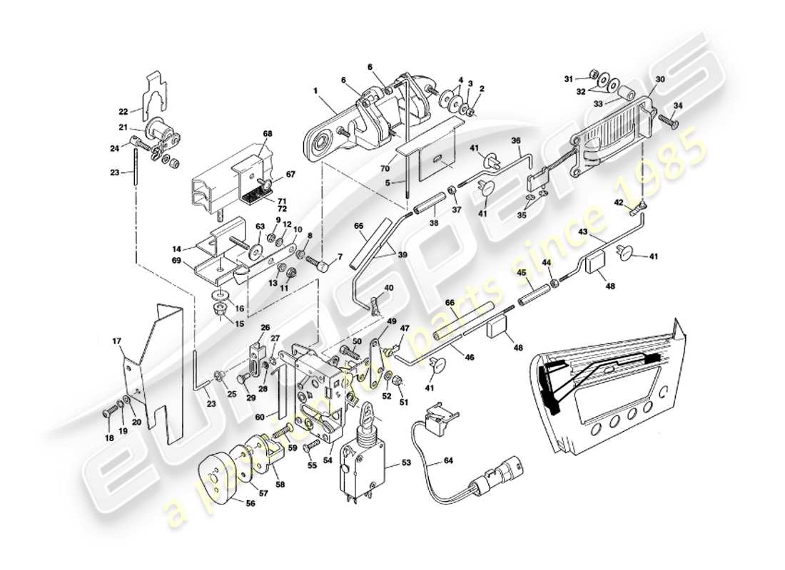 aston martin v8 volante (1999) diagrama de piezas del mecanismo de pestillo de puerta