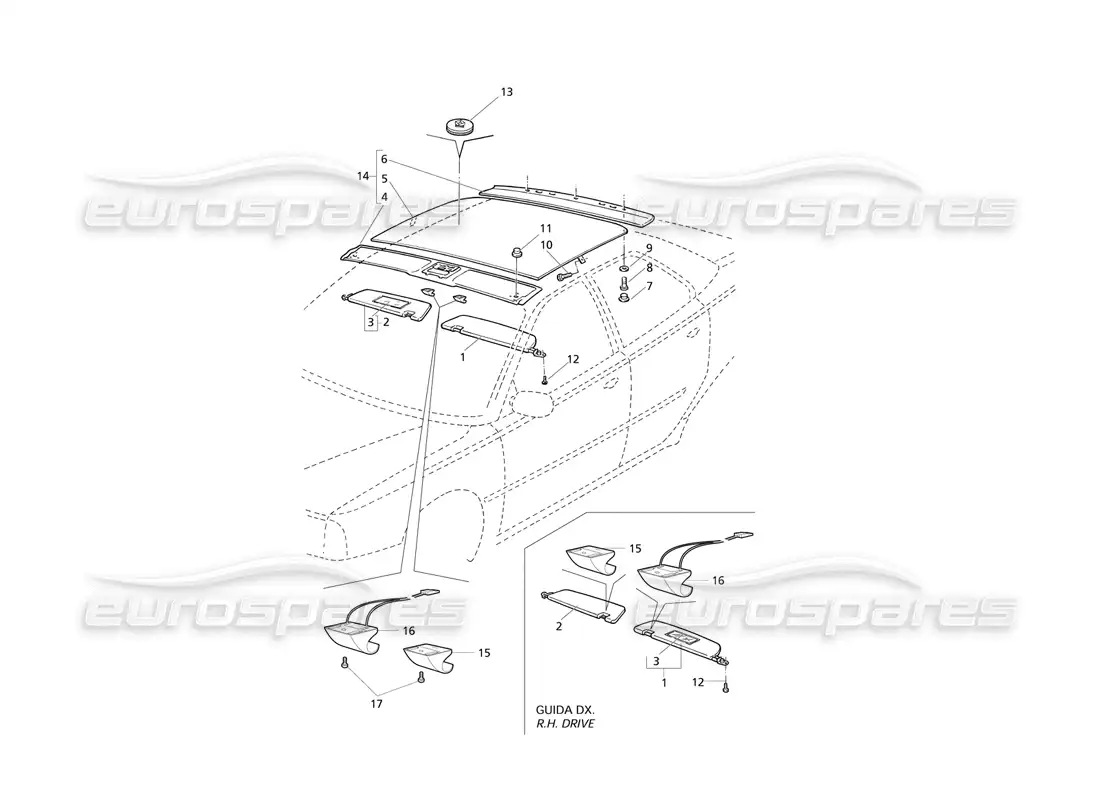 maserati qtp v8 evoluzione molduras interiores: diagrama de piezas del techo