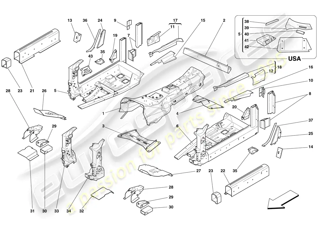ferrari 599 gtb fiorano (usa) estructuras y elementos, centro del vehículo diagrama de piezas