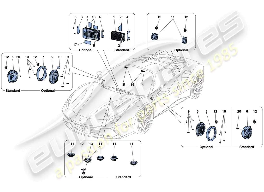 ferrari 488 spider (rhd) sistema de altavoces de audio diagrama de piezas