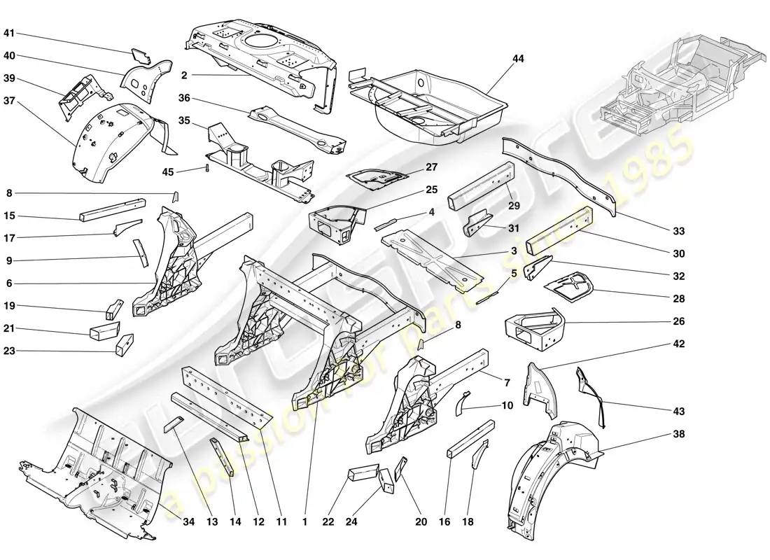 ferrari 612 scaglietti (rhd) estructuras y elementos trasero del vehículo diagrama de piezas